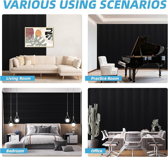 Art3d 4-Piece 94 x 12.6 Inch Acoustic Lightweight Slat Wall Panel - Waterproof Wood Textured Wainscoting Panel of 33 Sq.Ft for Bedroom, Home Theater Office Accent Wall, Matte Black
