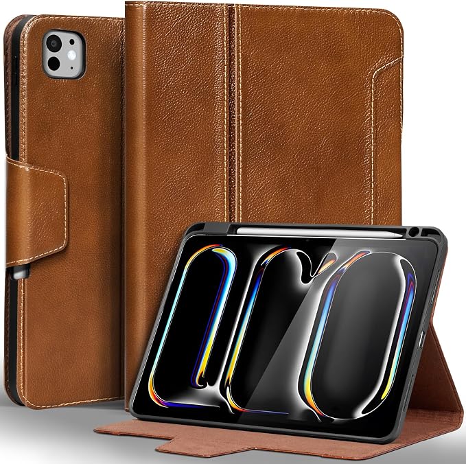 Gexmil Leather Case for iPad Pro 11 Inch M5/M4 2025/2024Crocodile Brown | Genuine Leather CoverPencil HolderMagnetic ClosureSmart Folio Auto Sleep/WakeProtectiveAdjustable Stand