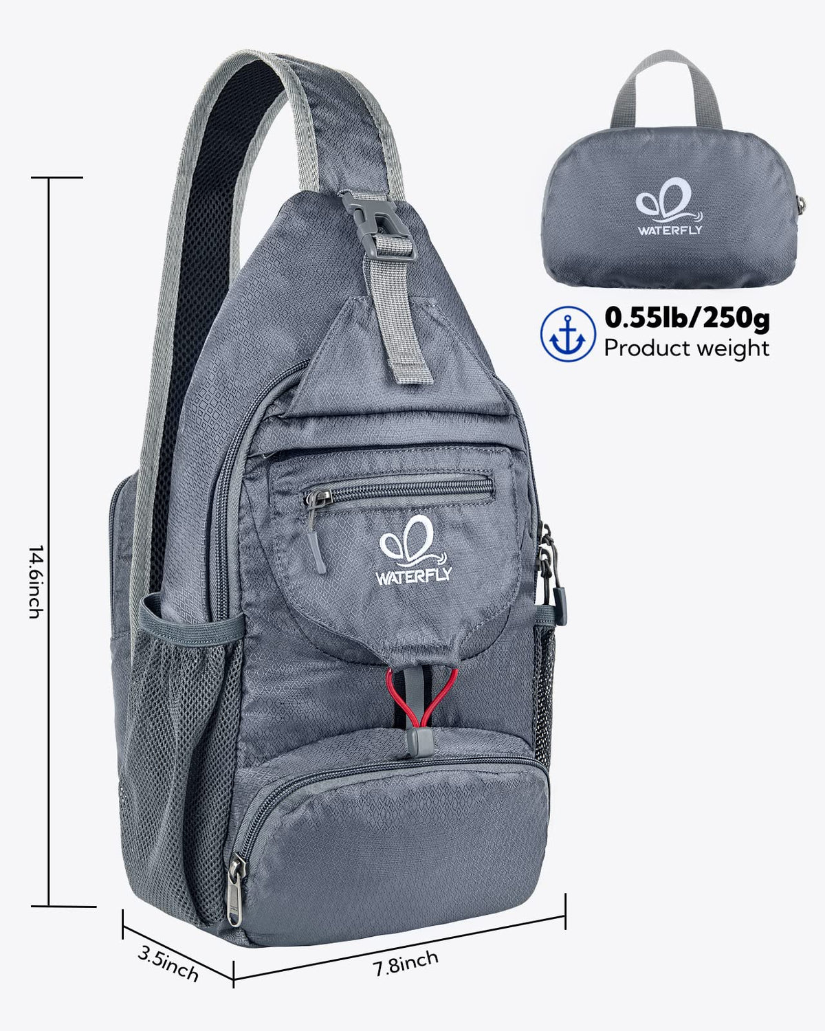 WATERFLY Packable Small Crossbody Sling Backpack Shoulder Chest Bag Daypack for Hiking Traveling Grey