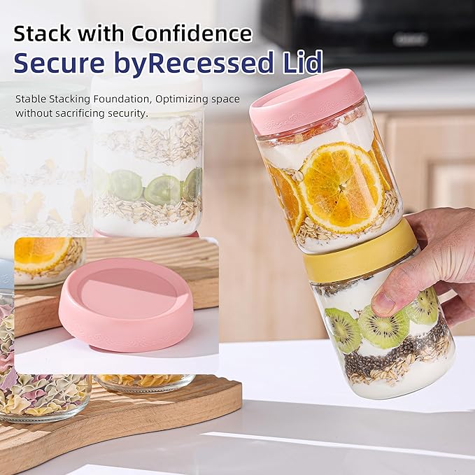 18 OZ 4Pack, Overnight Oats Jars with Lids, Glass Meal Prep Containers, Airtight Mason Jars for Breakfast, Yogurt Parfait, Salad & Smoothies, Leakproof and Reusable Food Storage Jars(4-2)
