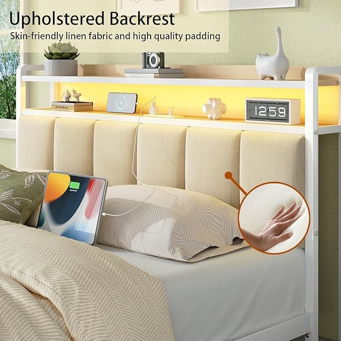 Full Size Bed Frame with Storage Headboard, Metal Platform Bed Frame Full with LED Lights and Charging Station, Heavy Duty Metal Slats, No Box Spring Needed, Easy Assembly, Beige
