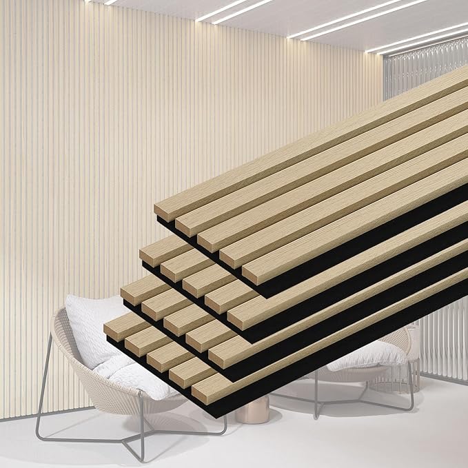 QDYMXUN Wood Slat Acoustic Wall Panels, 4-Pack 94.5'' x 7.9'' 3D Fluted Sound Absorbing Paneling for Interior Accent Wall Decor, Living Room (Natural Oak)
