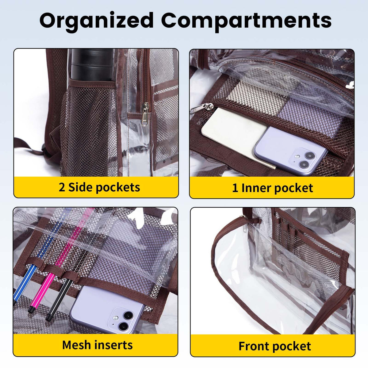 Vorspack Clear Backpack Heavy Duty PVC Transparent Backpack with Reinforced Strap Stitches & Large Capacity for College Workplace Security - Coffee