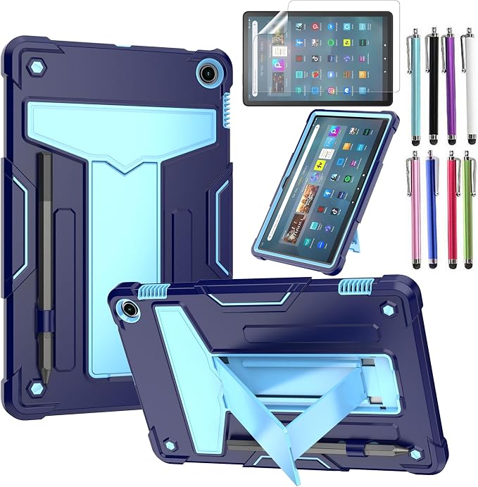 Case for Amazon Fire Max 11 (13th Generation 2023 Released) - Heavy Duty Hybrid Protective Case Cover with Kickstand + 1 Screen Protector and 1 Random Stylus (Black/Black)