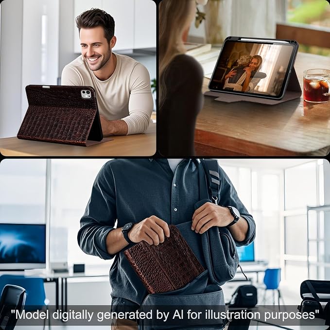 Gexmil Leather Case for iPad Pro 11 Inch M5/M4 2025/2024Crocodile Brown | Genuine Leather CoverPencil HolderMagnetic ClosureSmart Folio Auto Sleep/WakeProtectiveAdjustable Stand