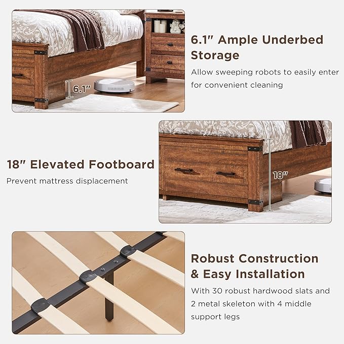RedLemon Farmhouse King Size Bed Frame w/ 54" Tall Geometric Headboard, Rustic Wood Platform Bed w/ 2 Large Storage Drawers, Wood Slats Support, Noise Free, No Box Spring Needed, Reclaimed Barnwood