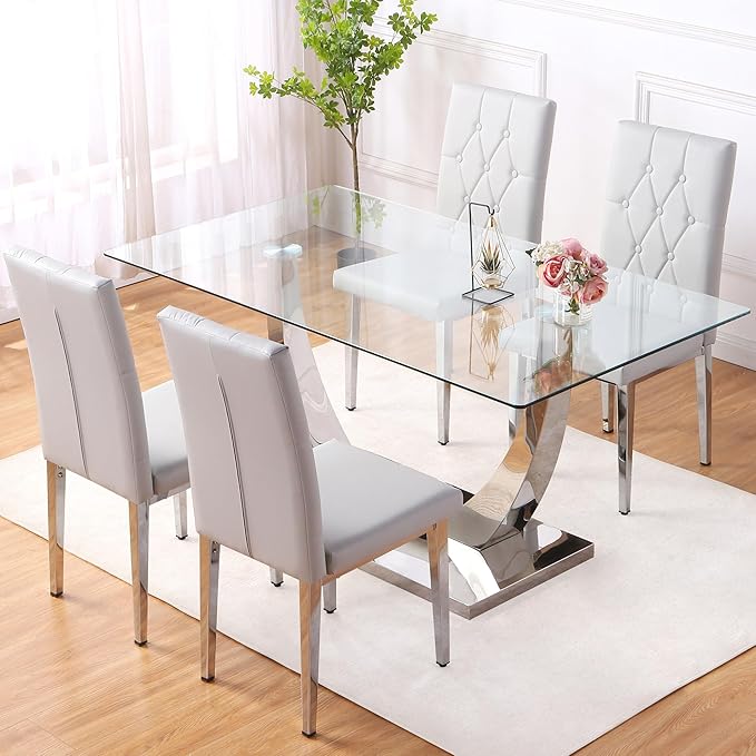 Modern Dining Table Set for 4,Dining Room Table Set for 4,Kitchen Table Set with 4 PU Leather Chairs,63'' Glass Dining Table Set with Silver U-Shaped Table Legs and Rectangular Base