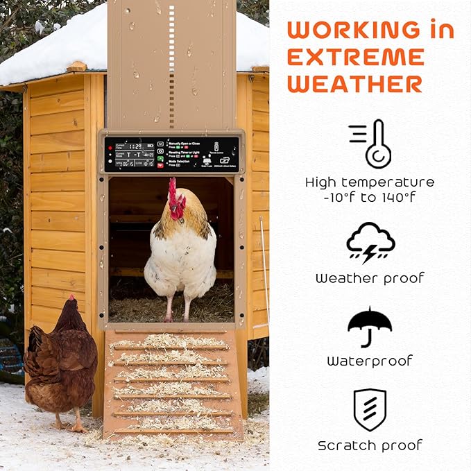 Asfrost Automatic Chicken Coop Door Solar Powered Automatic Chicken Door with Timer & Light Sensor, Anti-Pinch, Durable Aluminum Auto Chicken Door, Charge with 7W Solar Panel & USB - Brown