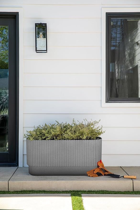Veradek Demi Series Long Planter for Porch, Patio, Backyard | Durable Plastic-Stone Composite Material | Modern Décor for Shrubs, Flowers