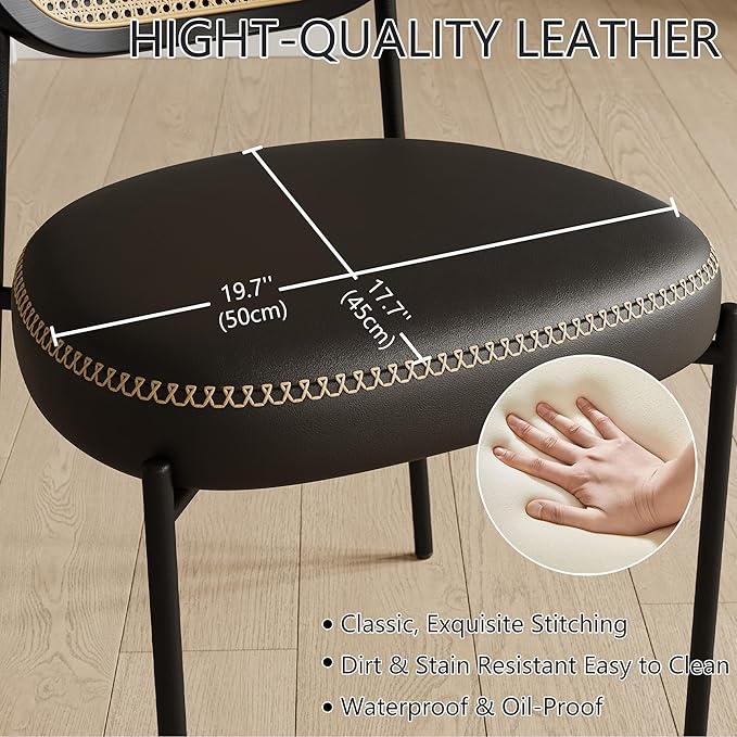 Rattan Dining Chairs Set of 6, Black Leather Upholstered Dining Chairs with Rattan Cane Back, Mid Century Modern Dining Room Chairs with Black Metal Legs & D-Shaped Thicken Cushion
