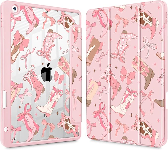 Case for iPad 9th/8th/7th Generation 10.2-Inch (2021/2020/2019 Release) with [Built-in Pencil Holder] Shockproof Cover with Clear Transparent Back Shell &amp Auto Wake/Sleep - Blue Bows