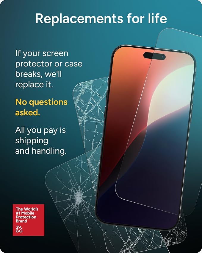ZAGG Glass+ Screen &amp Camera Lens Protection for iPhone 17 Pro Max - Impact &amp Shatter Protection Full Coverage Scratch &amp Smudge-Resistant Tempered Glass Anti-Reflective Camera Lens Protec