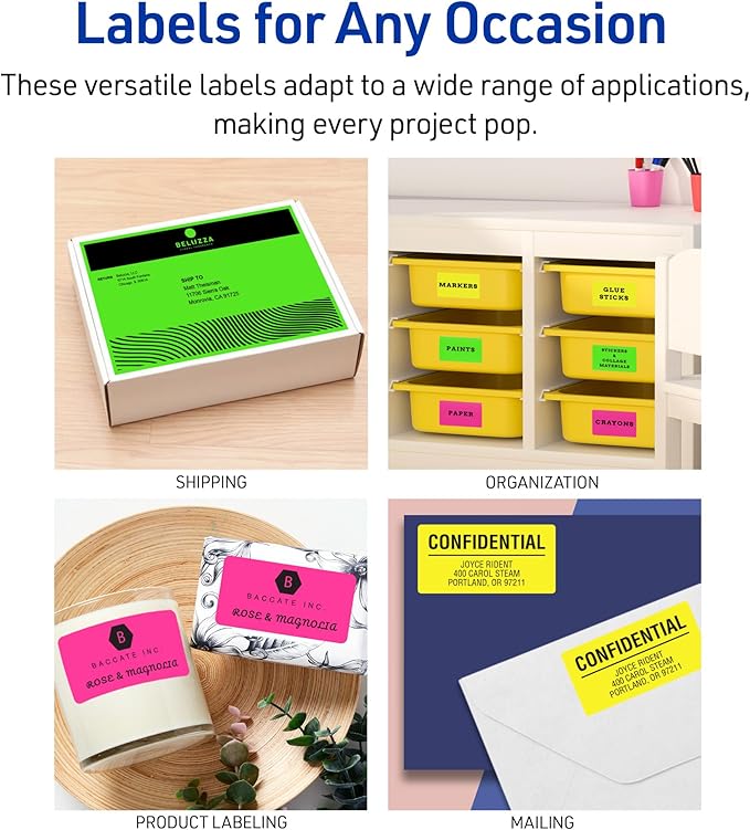 Avery Printable Labels with Sure Feed, 1" x 2-5/8", Assorted Neon Colors (Green, Magenta, and Yellow), Removable Adhesive, Laser & Inkjet Compatible, 360 Blank Labels Total (6479)