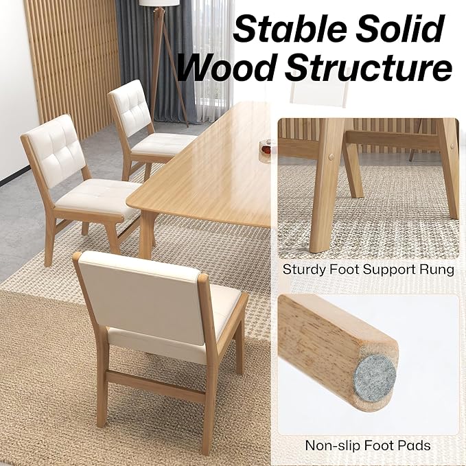 KCC Modern PU Leather Dining Chairs Set of 2, Upholstered Kitchen Chairs with Solid Wood Legs and Comfortable Seat for Dining Room/Lounge/Bedroom(White)