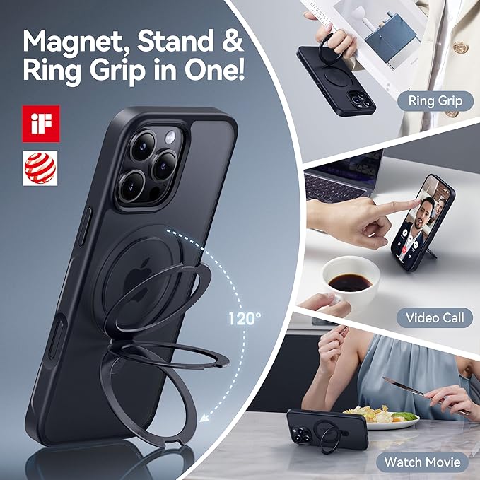CASEKOO Designed for iPhone 16 Pro Max Case with Magnetic Invisible Stand [Military Drop Protection] [Compatible with MagSafe] Shockproof Slim Translucent Matte Promax Case 6.9 Inch, Black