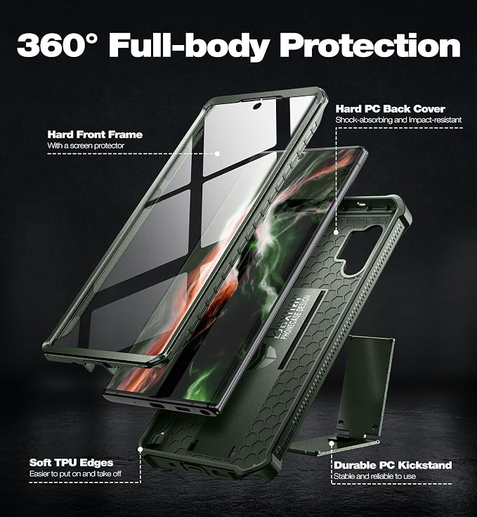 Dexnor for Samsung Galaxy Note 10+ Plus Case [Built in Screen Protector and Kickstand] Heavy Duty Military Grade Protection Shockproof Protective Cover for Samsung Galaxy Note 10 Plus (Army Green)