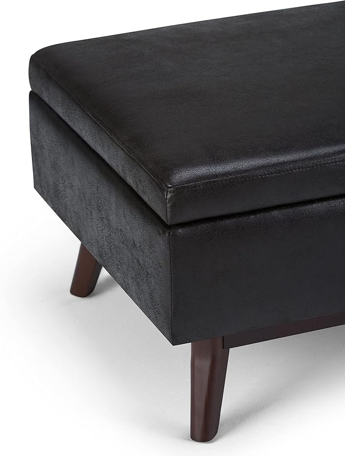 SIMPLIHOME Owen Coffee Table Storage Ottoman - 34 inch Wide Upholstered Vegan Leather Rectangular Lift-Top Ottoman in Distressed Black, Mid-Century Modern Bench for Living Room with Tapered Legs