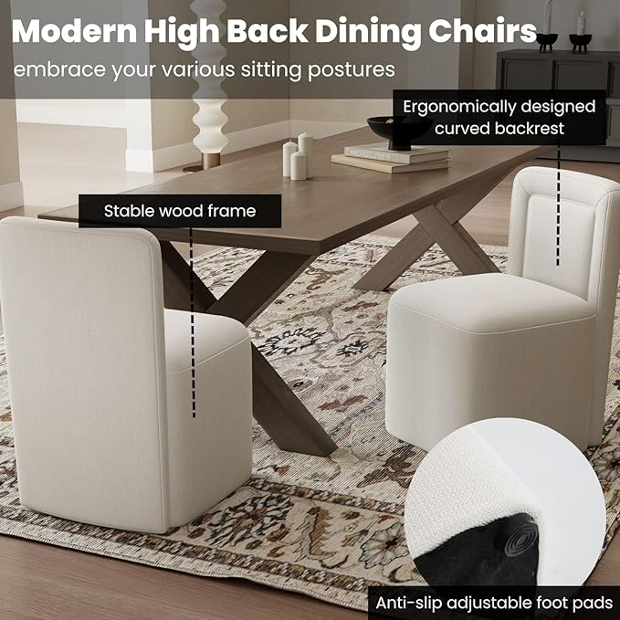 White Upholstered Dining Chairs Set of 2, Armless Modern Linen Dining Chairs with High Back, Kitchen Chair for Dining Room/Restaurant/Living Room