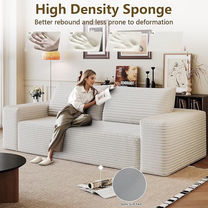 71" Boneless Loveseat Sofa - Cloud Couch with Memory Foam, Comfy Deep Seat - Corduroy Floor Sofa, No Assembly Required - Small Space Friendly for Living Room, Bedroom, Apartment, White