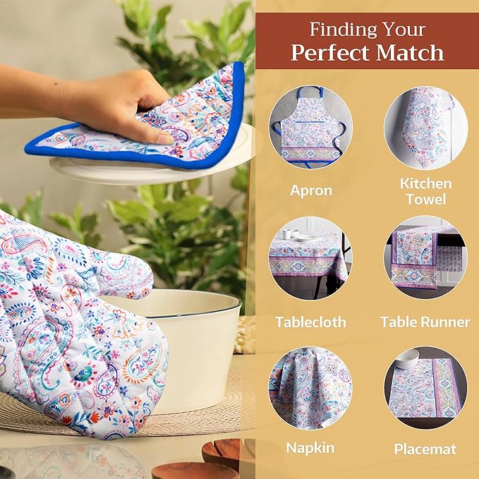 Maison d' Hermine 100% Cotton Oven Mitt & Pot Holder Set (7.5"x13" & 8"x8") Heat Resistant BBQ Cooking Gloves with Loop, Baking, Grilling, Kitchen, Handling Hot Pans Spring/Summer (Indian Floral)