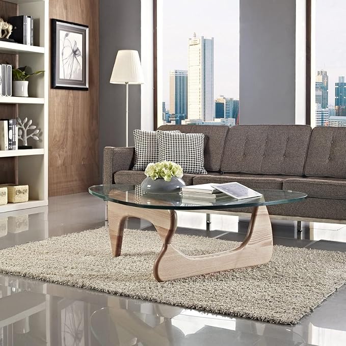Noguchi Triangle Glass Coffee Table with Solid Wood Base, Vintage Clear Glass Top Modern Design for Living Room, Patio, Study, White Ash