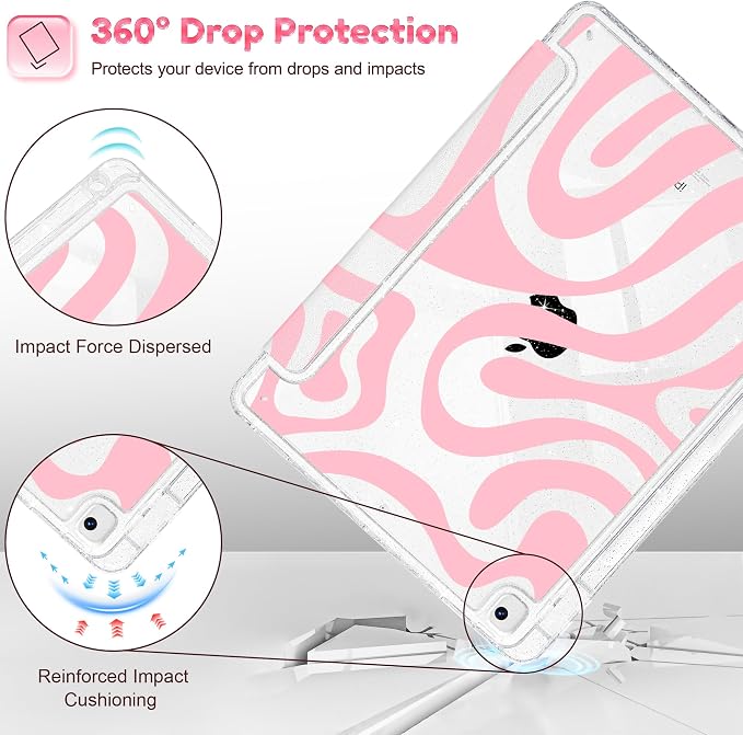 Case for iPad 9th/ 8th/ 7th Generation 10.2-Inch Case(2021/2020/2019 Release) Glitter Tablet Cases with Transparent Acrylic Back+Trifold Stand+Pencil Holder+Auto Wake/Sleep Bows-Stripe