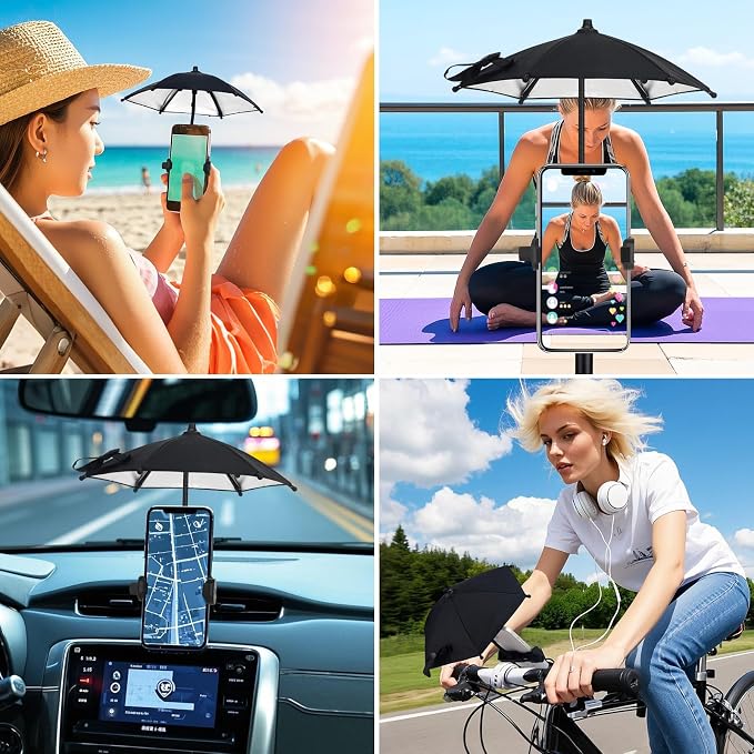 Fixed Clip-on Phone Umbrella for Sun with Flexible Adjustable Handle Mini Strong Clip Cell Phone Umbrellas Sun Shade Anti Sunlight and Glare fits for Universal Smartphones