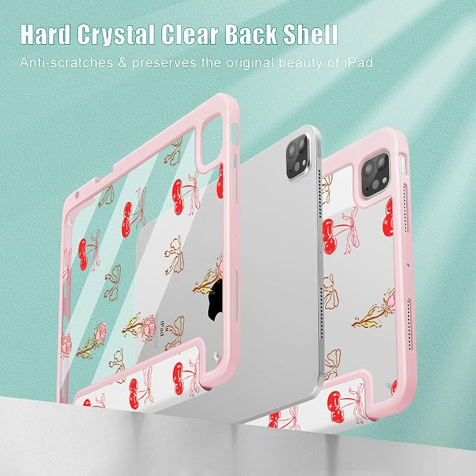 Case for iPad 12.9 Inch (6th/5th/4th/3rd Generation 2022/2021/2020/2018) Pencel Holder + Trifold Support Auto Sleep/Wake Transparent Shockproof Back Cover Abstract Floral SD163