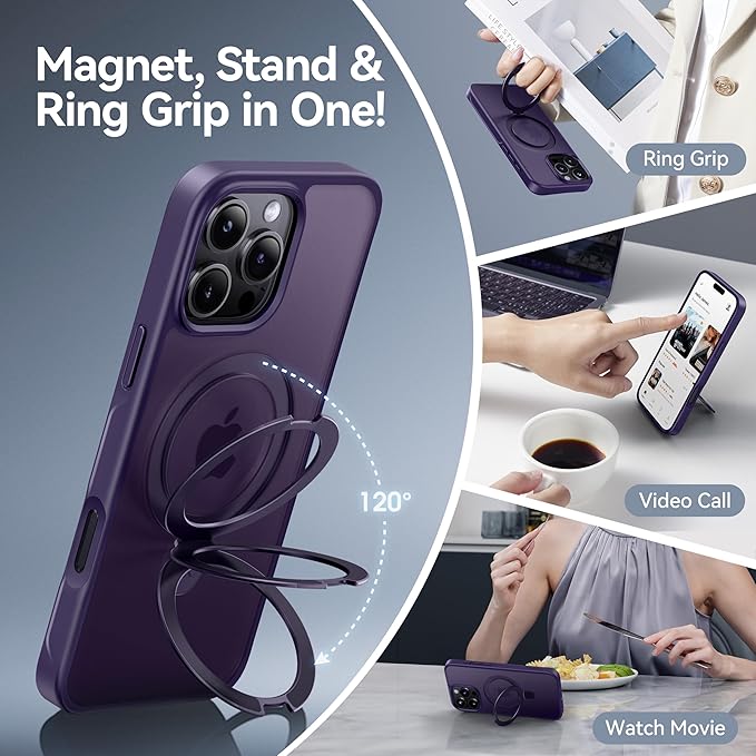 CASEKOO Designed for iPhone 16 Pro Case with Magnetic Invisible Stand [Military Drop Protection] [Compatible with MagSafe] Shockproof Slim Translucent Matte Case 6.3 Inch, Purple