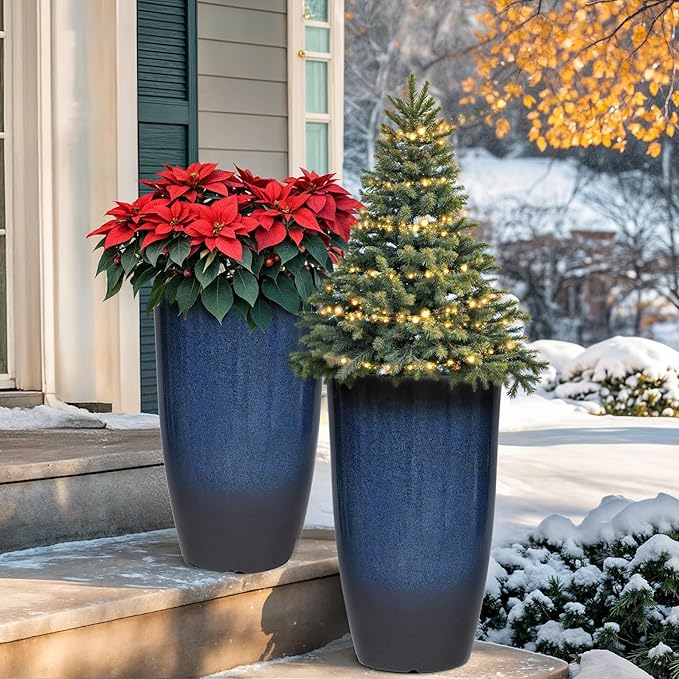 23.8" Large Tall Planters Set of 2 Plant Pot Plastic Flower Pots Outdoor Gradient Cobalt Blue Finish Front Porch Decor Pot Weather-Resistant & Lightweight for Garden, Patio, Deck, Indoor