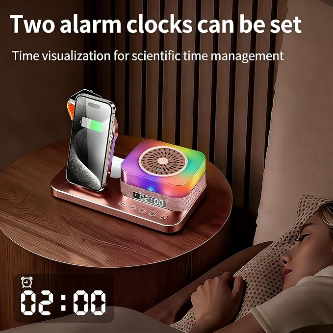 8-in-1 Desktop Charging Station with Bluetooth Speaker RGB Ambient Light Digital Clock Phone Stand Wireless Charger for Phone Watch and Earbuds Black/White (Black)