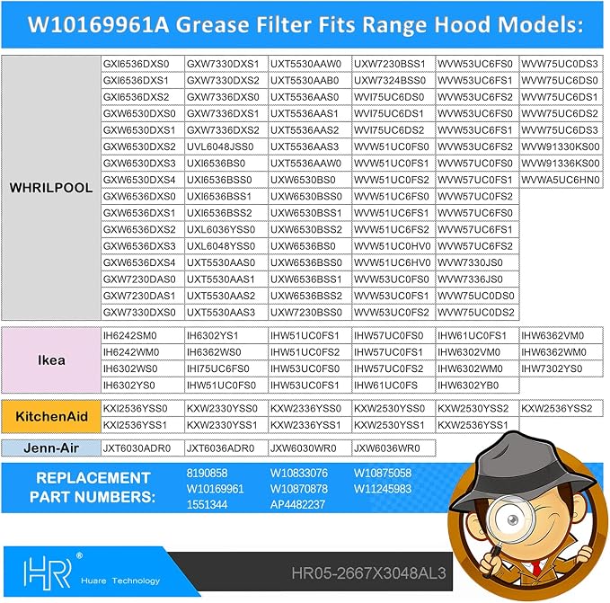 Updated W10169961A Range Hood Filter, Stove Vent Filter, Fits Whirlpool