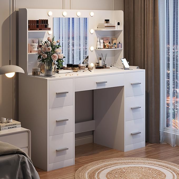 YESHOMY Vanity Desk with Mirror, Power Outlet and 10 Lights, Makeup Table with 7 Drawers, 3 Color Modes Available for Bedroom, Clear White