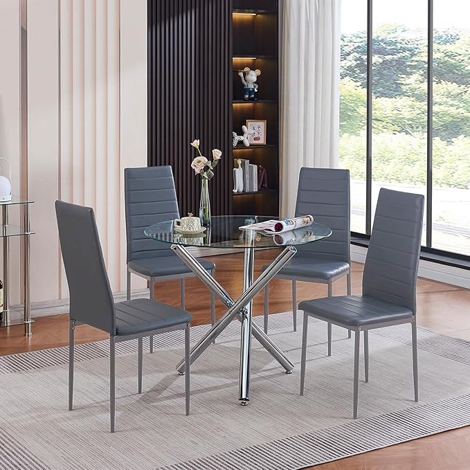 5-Piece Round Glass Dining Table Set for 4 Modern Kitchen Table with 4 Dining Chairs Set Round Circle Table and PU Upholstered Chairs Set for Small Space/Kitchen/Apartment