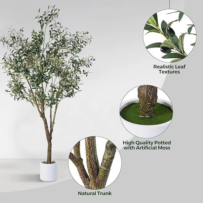 Artificial Olive Tree 7FT, Indoor Fake Silk Plant with Realistic Trunk, Leaves, Fruits and White Planter, Faux Potted Tree for Home Decor and Housewarming Gift, 1 Pack