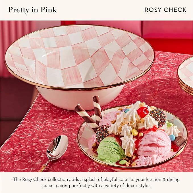 MACKENZIE-CHILDS Enamel Serving Bowl, Enamel Serveware Bowl, 12 Inches, Pink-and-White Rosy Check