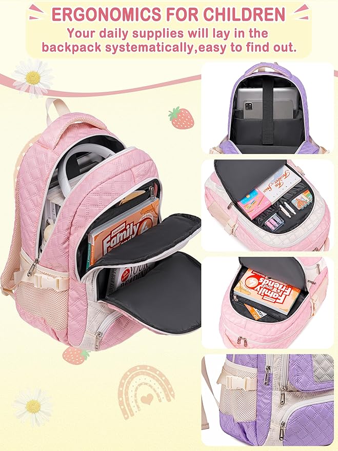 Beige Strawberry Backpack with Lunch Box for Girls Teens Kids for Age 6-8 8-10 10-12 Kawaii School Bag for Middle High School Primary Elementary Bookbag Mochila Para Niñas