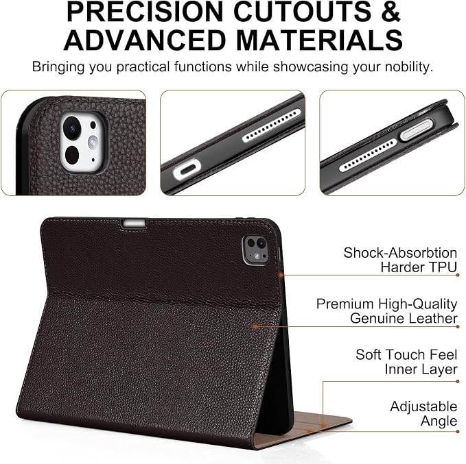 Genuine Leather Case for iPad 11th Gen 11/10th Gen 10.9 Black | Pencil Holder Adjustable Stand Auto Wake/Sleep Shockproof