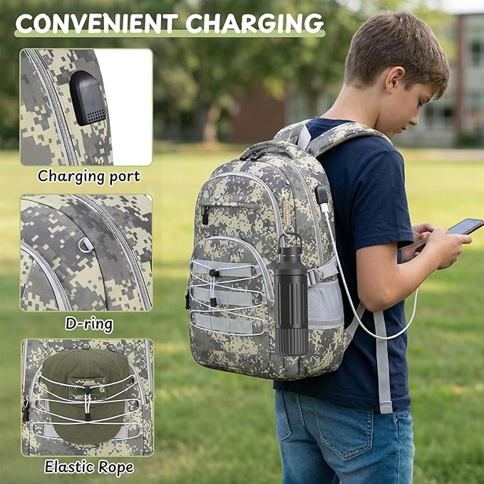 Kids Backpack for Boys - Camo Boys Backpacks for Kids Teens Elementary Middle School, 18″ Camouflag Students Bookbag with Usb Charging Port & Key-chain, Perfect for Travel and School
