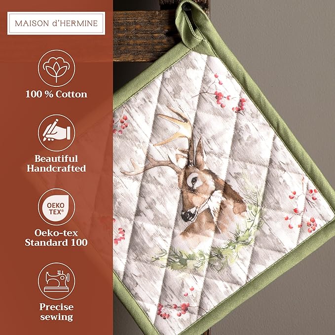 Maison d' Hermine Pot Holders 100% Cotton Heat Resistant Potholders 8" x 8" Hot Pads with Loop for Thanksgiving Christmas Decorations BBQ Cooking Baking Handling Hot Pans (Pack of 1, Mountain Life)