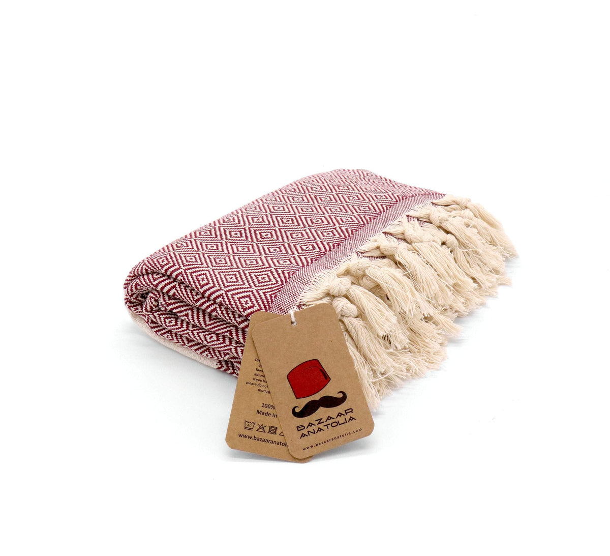 Bazaar Anatolia Turkish Beach Towel, 100% Cotton, 71x39 in, Diamond Maroon