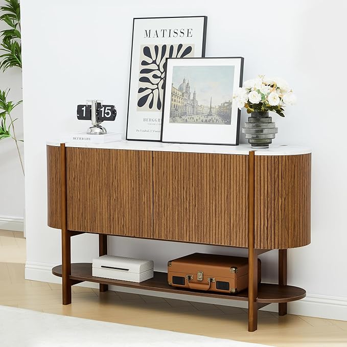 Console Table with Storage, Fluted Entryway Table with 2 Doors and Open Shelf, Long Sofa Table Behind Couch for Living Room, Hallway (Walnut)