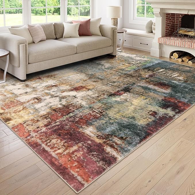 Lahome Modern Abstract Living Room Rug 8x10, Washable 8x10 Area Rugs for Bedroom Stain Resistant Non Slip, Large Red Soft Indoor Carpet for Dining Room Table Home Decor
