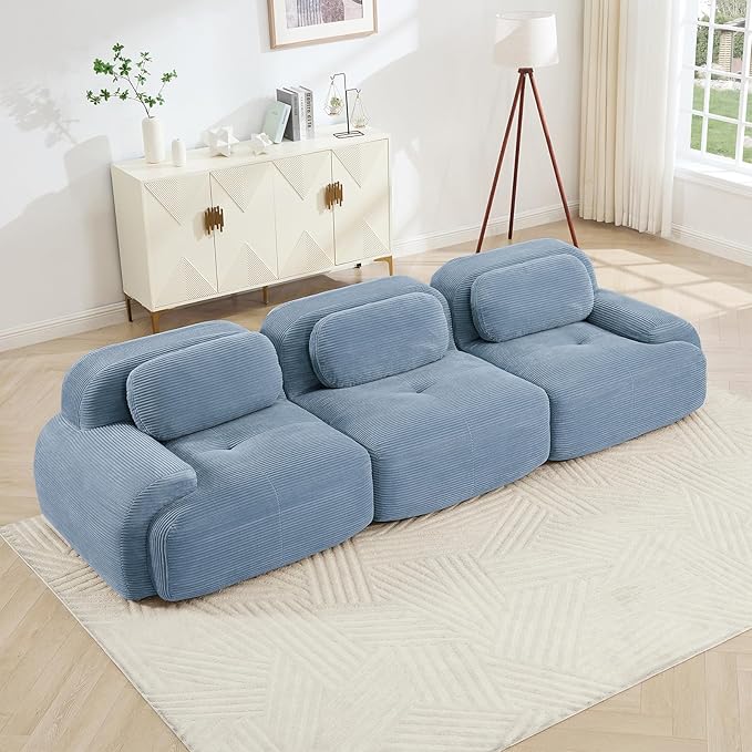 116" Modern Corduroy Cloud Sofa, Boneless Modular Large Sectional Couches for Living Room, Blue 3 Seater Compressed Memory Foam Couch, Extra Deep Seat, No Assembly