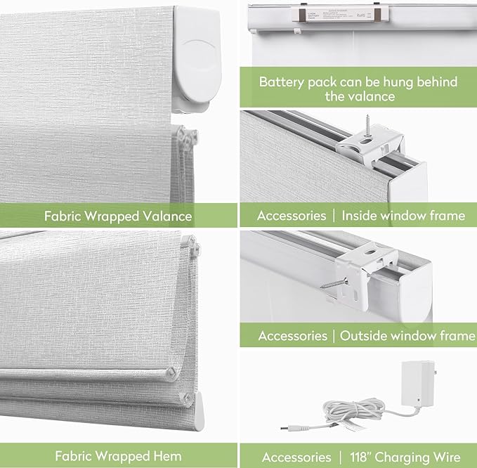 ZSTARR Smart Roman Shades Rechargeable Motorized Blinds with Remote Light Filtering Roman Window Shades Plain Fold Soft for Doors Bedroom, Custom Size (Sheer Gray)
