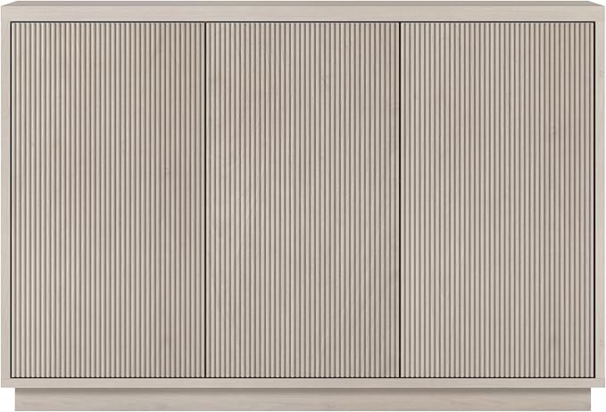 Henn&Hart 48'' Fluted Sideboard Buffet Cabinet, Modern Ribbed Credenza with 3 Doors, Adjustable Shelves, and Cable Management Cut-Outs for Dining Room, Kitchen, Living Room or Entryway, Alder White