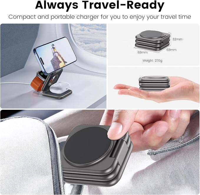 KU XIU Foldable 3 in 1 Magnetic Wireless Charging Station for Apple Devices | Aluminum Alloy Design Foldable Travel Charger Stand with 20W Adapter for iPhone 17-12 5W for Apple Watch &amp AirPods