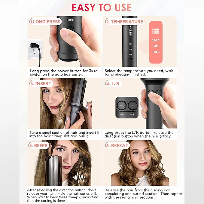LA MAESII Automatic Rotating Curling Iron, Hair Curler with 3 Temps Fast Heating, 2-Way Rotating 1 Inch Curling Wand, Ceramic Coating, Ionic, Anti-Scald, Anti-Tangle, Dual Voltage Auto Shut-Off (Gray)
