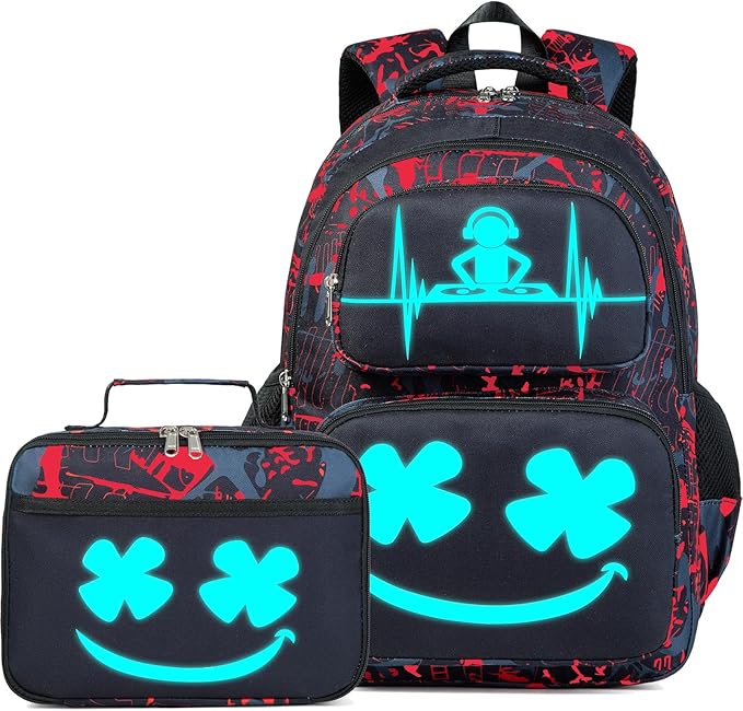 Boys Backpack with Lunch Box Glow in Dark Kids Ages 4-12 Kindergarten Elementary Middle School Teens Bookbag Mochilas Para Niños, Luminous Face Red