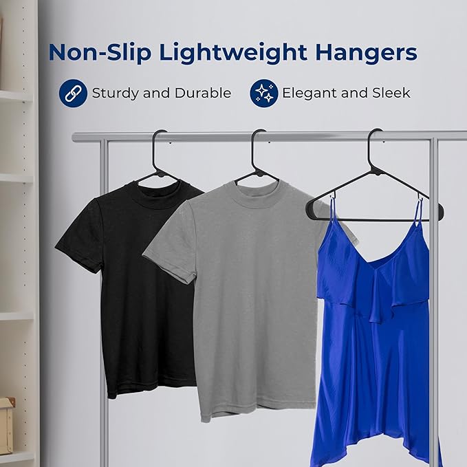 SereneLife 100-Pack Black Plastic Hangers – Ultra Lightweight Non-Slip Slim Clothes Hanger Set for Shirts, Pants, Coats & Dresses – Heavy Duty Space Saving Closet Organizer